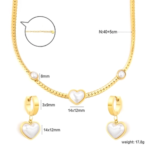 18K gold plated stainless steel heart and bead jewelry set with dimension details