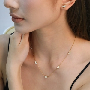 Heart Necklace And Stud Earrings Jewelry Stainless Steel Gold Plated White Shell Inlay Sweet Dainty Style For Women