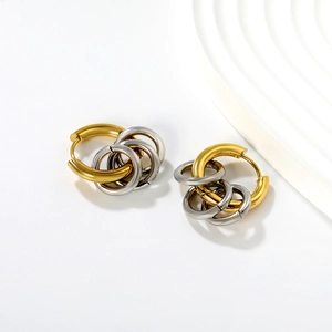 Polished stainless steel interlocking hoop earrings with gold and silver triple-ring design