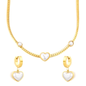 Elegant 18k gold plated stainless steel heart pearl necklace and earrings jewelry set