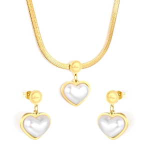 Golden heart necklace and earring set with mother of pearl and Love engraving