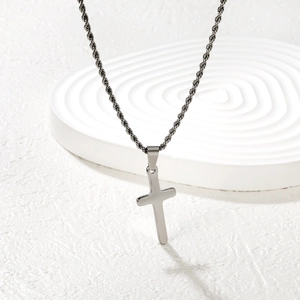 Collana con ciondolo a croce in acciaio inossidabile argento con catena a corda unisex