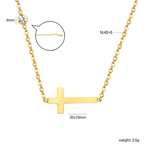 Gold stainless steel necklace with cross pendant and white zircon, 45+5cm length