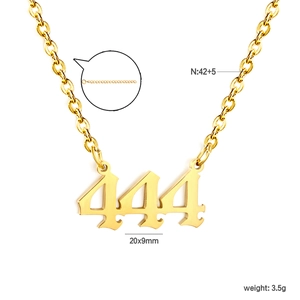 Detail of gold cross necklace with 444 pendant showing dimensions 20x9mm and weight 3.5g