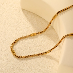 18k gold plated stainless steel box chain necklace with cylindrical textured metal beads