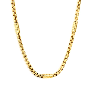 18k gold plated stainless steel box chain necklace with textured cylindrical metal accents
