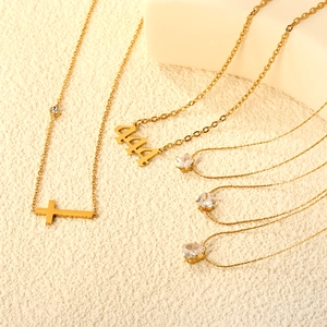 Pendant Necklace Stainless Steel Gold Plated Cubic Zirconia Cross Heart Star Dainty Minimalist Daily Jewelry For Women