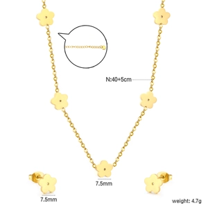 Polished 18k gold plated stainless steel five-petal flower necklace and earring set