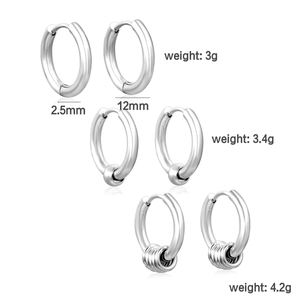 Ensemble de trois boucles d'oreilles créoles 12mm en acier inoxydable pour hommes et femmes