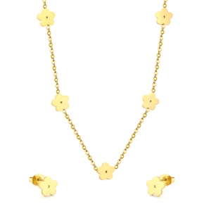 Elegant gold five-petal flower necklace and stud earrings jewelry set for women