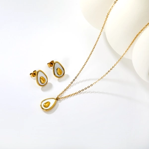 Elegant avocado shape jewelry set with necklace and earrings in gold and mother of pearl
