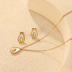 Artistic gold avocado jewelry set with pearl inlay including necklace and stud earrings
