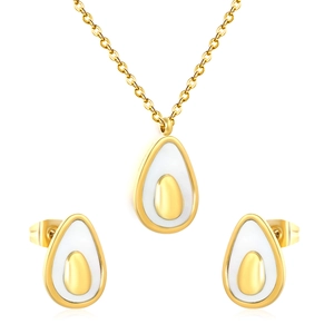 Minimalist gold avocado jewelry set with enamel pendant necklace and matching stud earrings