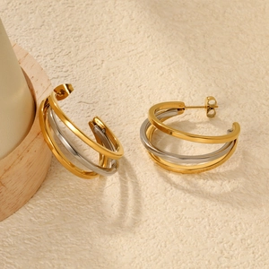 Three-layer layered C-shaped earrings in polished mixed gold and silver stainless steel