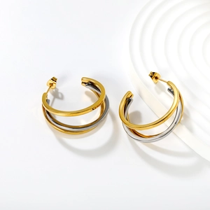 Three-layer two-tone C-shape hoop earrings in polished stainless steel and 18K gold plating