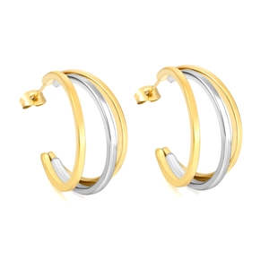 Three-layer C-shaped interlaced hoop earrings in mixed gold and silver tones