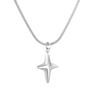 Collier minimaliste en acier inoxydable argenté avec pendentif étoile à quatre branches 3D