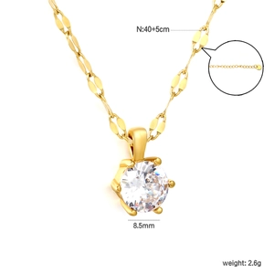 Gold stainless steel leaf chain necklace with a 6-prong set cubic zirconia pendant