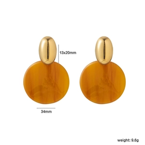 18K gold plated oval stud earrings with amber resin discs and measurement specs