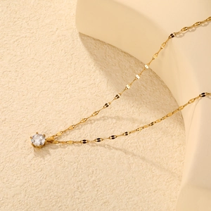 Gold round zircon pendant necklace with stainless steel flat link chain for women