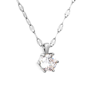 Classic six-prong 18k necklace with round brilliant pendant and leaf-shaped chain