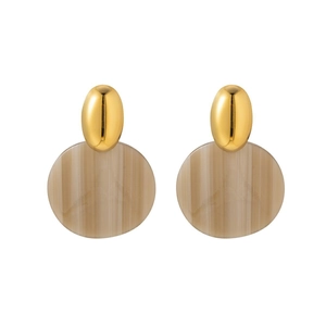 18K gold plated oval stud earrings with striped beige round pendants on white background