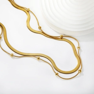 Elegant 18k gold plated double layer herringbone chain necklace with beads for women