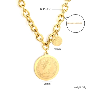 Detail view of gold sun coin necklace with chain dimensions and pendant size measurements