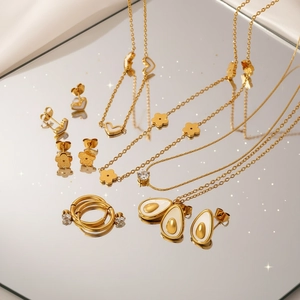 Gold Plated Stainless Steel Necklace And Stud Earrings Heart Avocado Flower Shell Zircon Elegant Fashion For Women