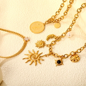 Stainless Steel Necklace Gold Plated Water Drop Zircon Celestial Sun Moon Coin Pendant Bohemian Punk Jewelry