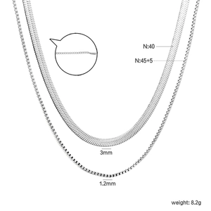 Detail view of silver double-layered stainless steel blade and snake chain with dimensions