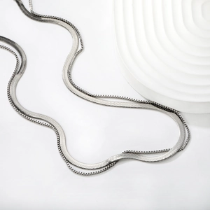 Classic silver double layered stainless steel snake and box chain necklace set