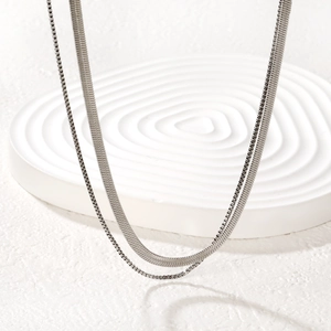 Classic silver stainless steel double layered necklace with herringbone and box chains