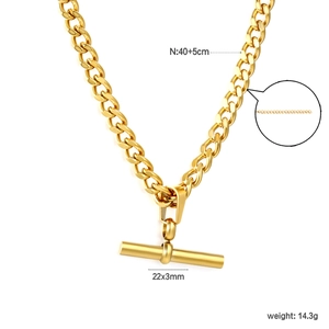 Gold stainless steel cuban link necklace with cylindrical pendant and toggle clasp