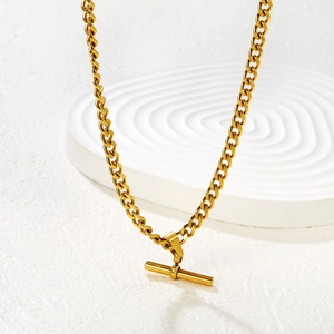 Minimalist gold stainless steel Cuban chain necklace with a modern T-bar pendant