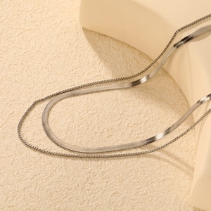Classic silver stainless steel double layer necklace with snake and box chain layers