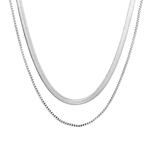 Polished silver double-layered stainless steel necklace with herringbone and box chains