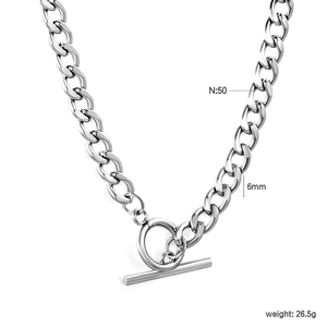 Mens silver 6mm stainless steel Cuban chain necklace featuring a vintage OT toggle clasp