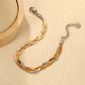 Three-tone braided stainless steel flat snake chain bracelet with gold and rose gold