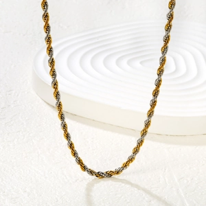 Collana a catena bicolore in acciaio inossidabile oro e argento con design a corda