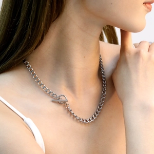 Hip-hop silver stainless steel Cuban chain necklace for men with stylish OT toggle clasp