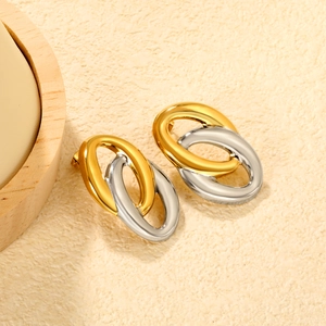 Boucles d'oreilles ovales entrelacées bicolores en acier inoxydable poli or et argent