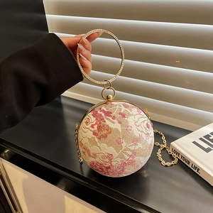 Luxury Spherical Evening Bag For Women Lace Flower Embroidered Round Handbag Rhinestone Circle Handle Metal Chain Shoulder Crossbody Bag Wedding Party Purse