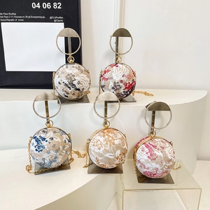 Spherical lace embroidery clutch bag with ring handle and gold chain strap in five colors