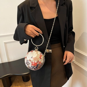 Elegant spherical rose embroidery handbag with metallic round handle and gold chain strap