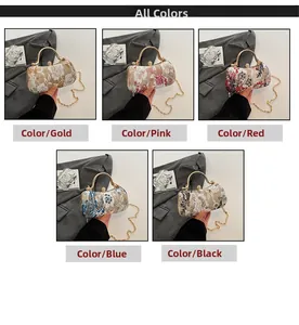 Detailed views of floral jacquard evening bags in gold pink red blue and black