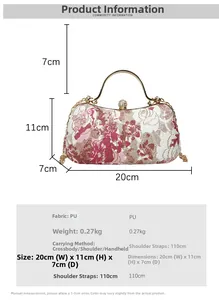 Detailed size and material specs for the vintage floral evening clutch with golden handle
