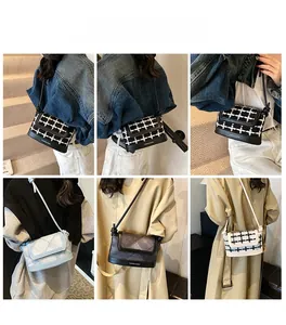 Detail showing various color options of crossbody flap bags with woven shoulder straps