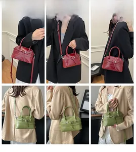 Multiple views of shell crossbody bag in deep red and green with buckle strap detail