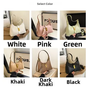 Six-color palette display of minimalist textured leather underarm bags with gold buckles